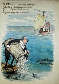 Menotti Bianchi, L’amarissimo  Adriatico, 1908Sugli scogli Perotti versa in mare zollette di zucchero, più lontano G. D’Annunzio versa in mare del miele. La caricatura fu ispirata da una conferenza tenuta nel 1908 “L’Amarissimo Adriatico”Acquerello a colori, mm. 492x690  (Menotti Bianchi, tav. n. 5)